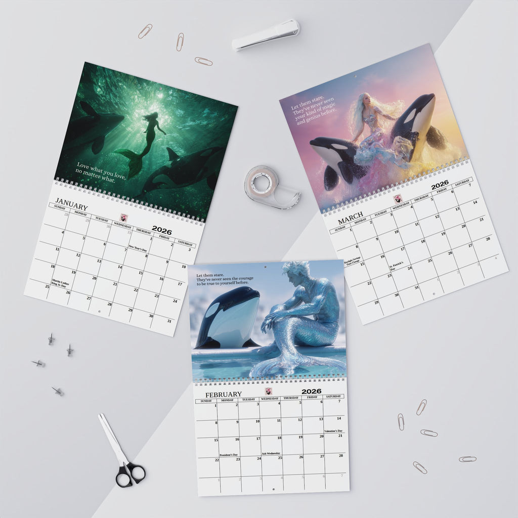 Mermaid and Orca Wall Calendar Office Dorm Calender