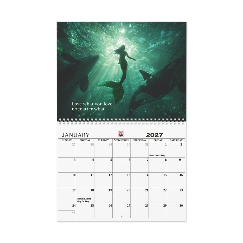 2027 Mermaid and Orca Wall Calendar Office Dorm Calender